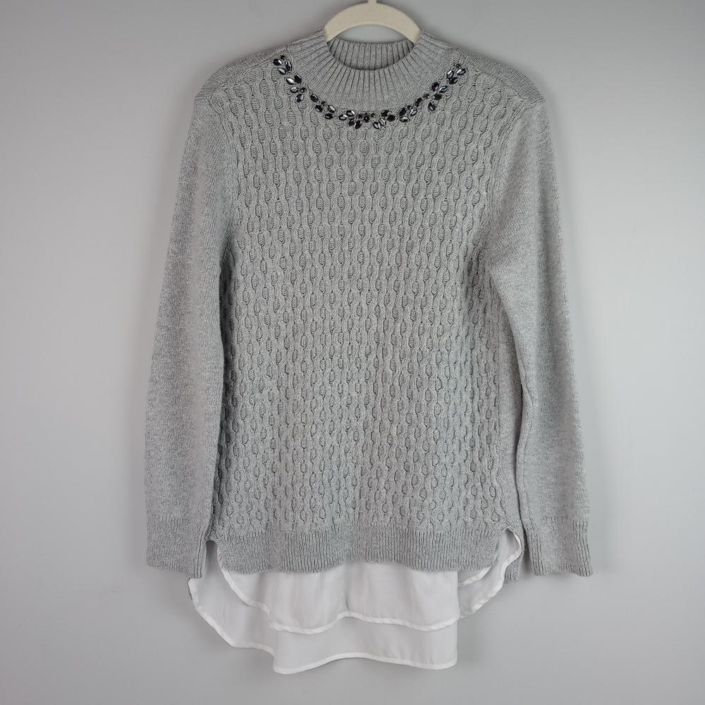 Simply Vera Vera Wang Womens L Gray Embellished Cable Knit Layered Hem Sweater